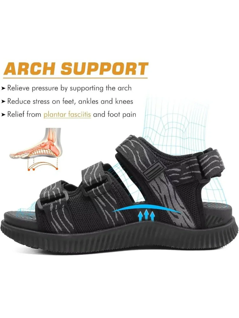 Men's Black Orthopedic Recovery Plantar Fasciitis Open Toe Hiking Sandal Shoes